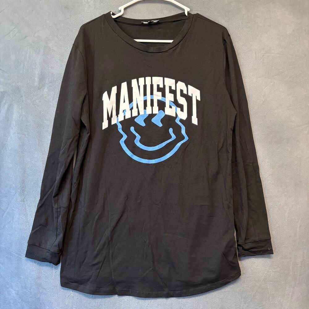Fashion Nova Manifest Smiley Graphic Long Sleeve Tee Small Y2K Grunge